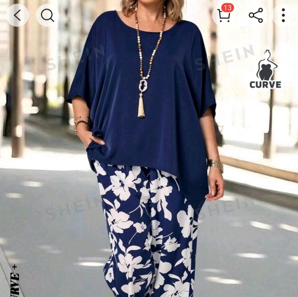 SHEIN Curve Navy Top Set 26-28W